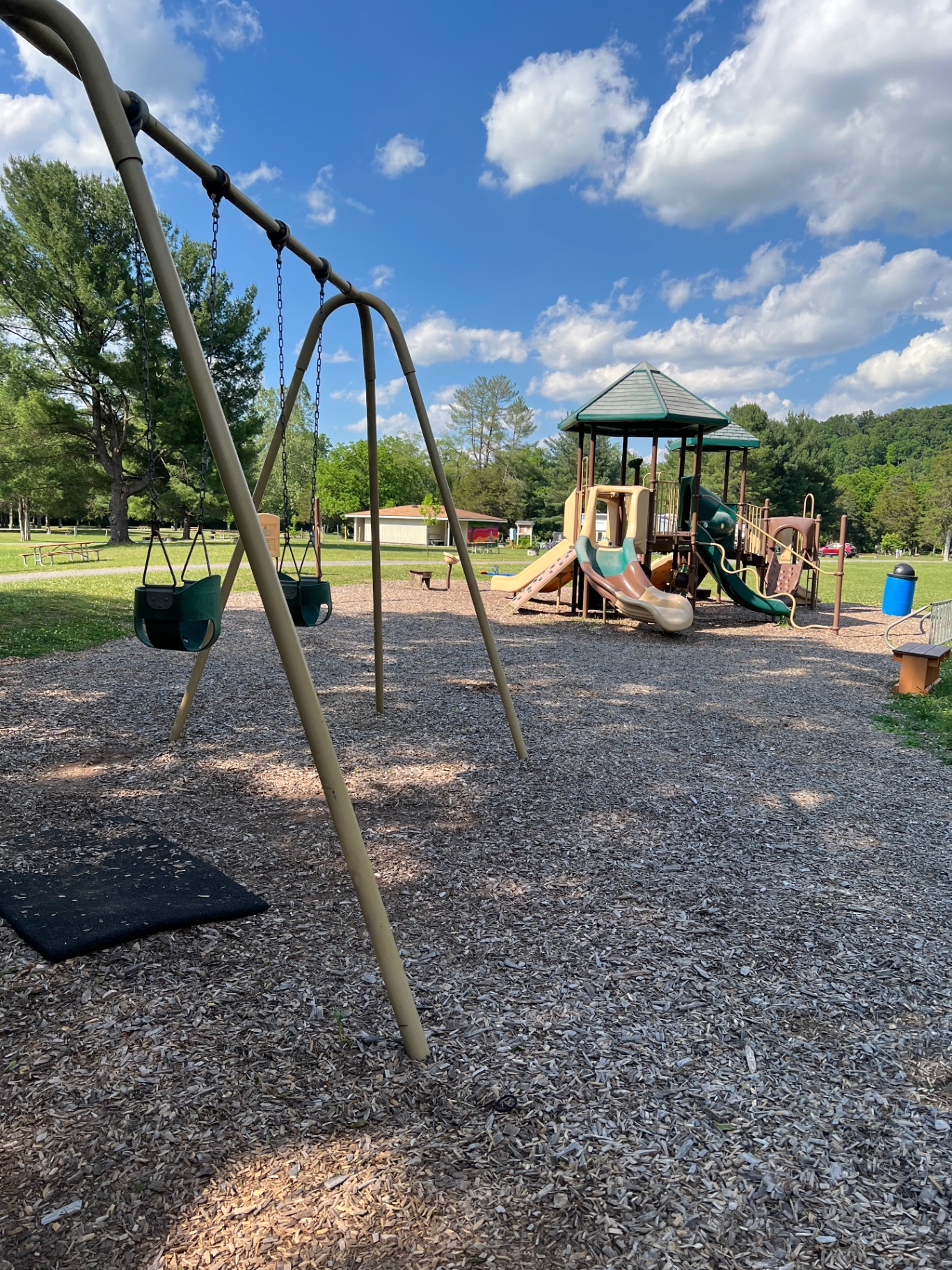 Sunny playground with slides, swings, and woodchips