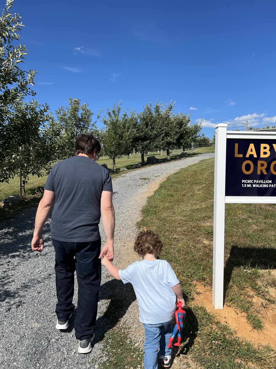 Littlest Wayfinder holding an adult's hand while entering the orchard labyrinth.