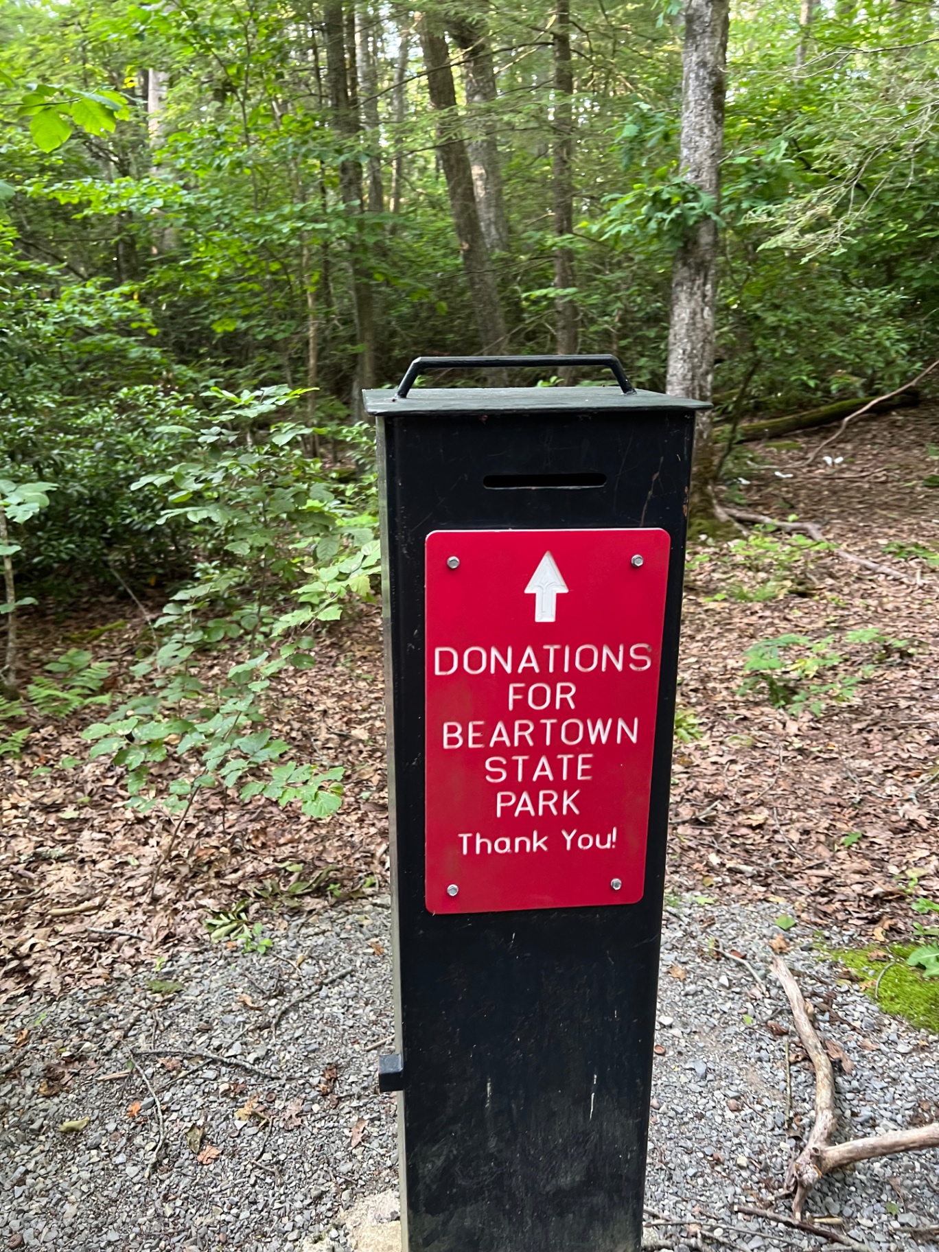 A red donation box marked Donations for Beartown State Park beside the trailhead.