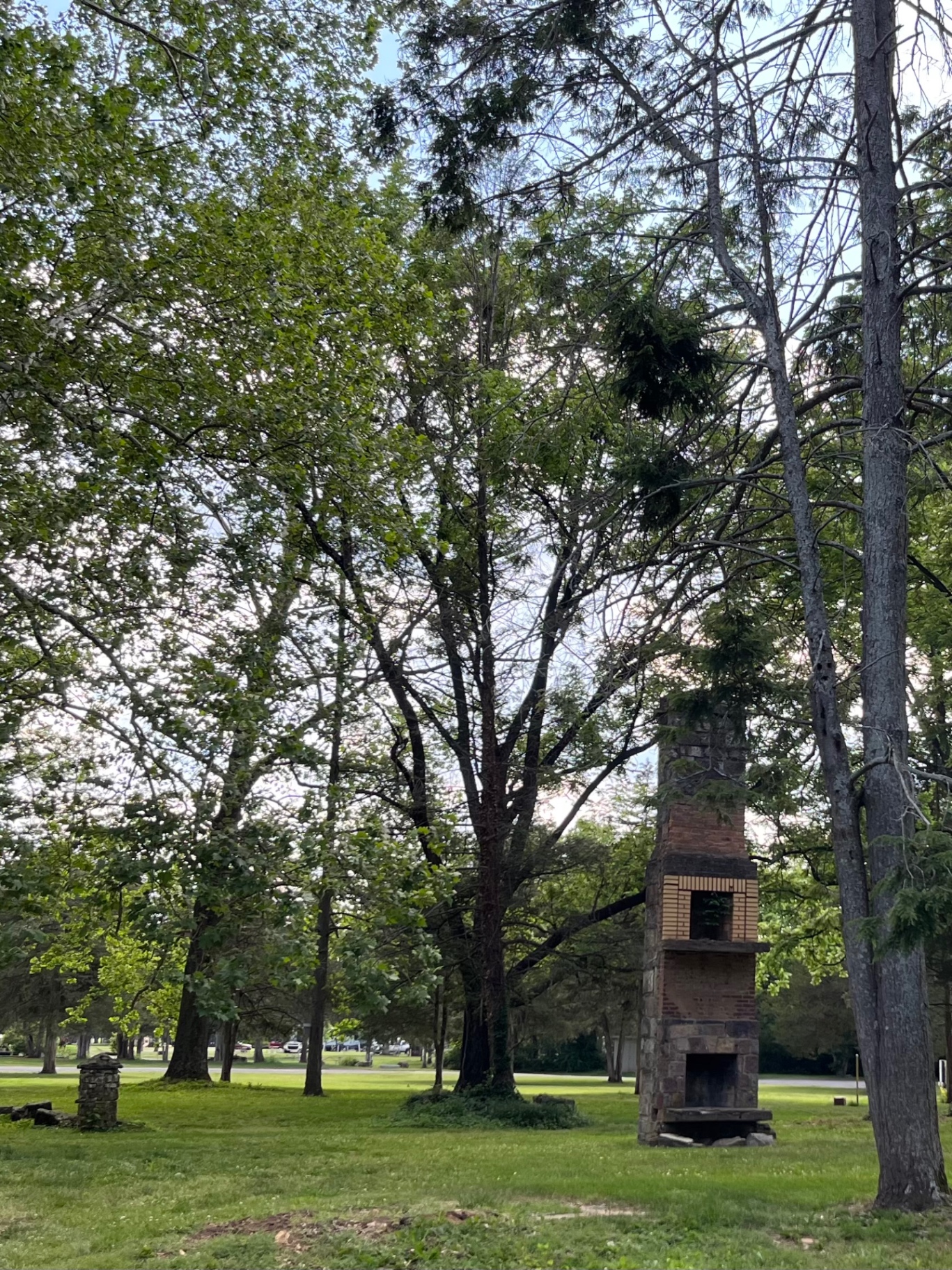 Tall brick outdoor fireplace standing in a grassy area with trees