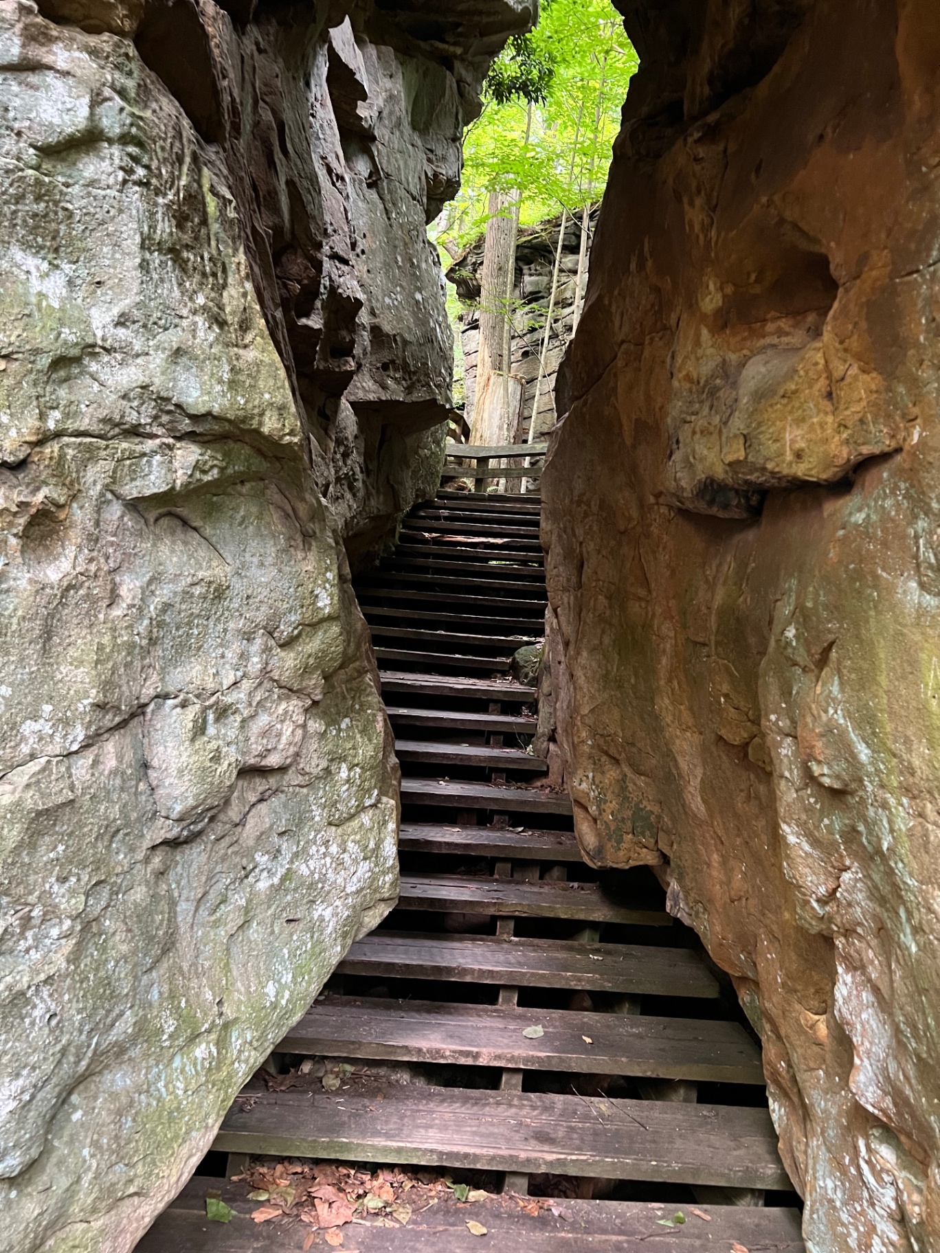 A narrow wooden staircase climbs between close sandstone walls.